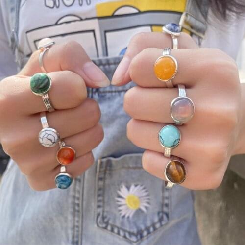 Handmake 10mm Natural Stone Open Ring for Women Bohemian Jewelry Lapis Lazuli Malachite Opal Classical Rings Wholesale