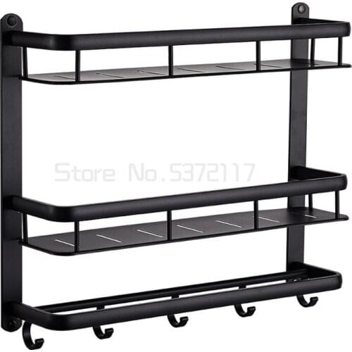 Bathroom Shelf With Towel Bar Wall Mounted Space Aluminum Bath Shower Shelf Black Bath Shampoo Holder Toilet Shelf Organizer