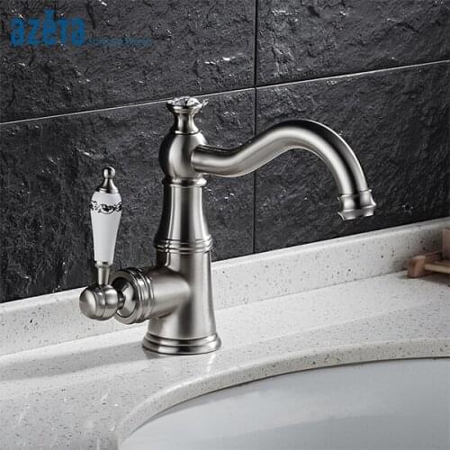 Azeta Bathroom Crystal Faucet Brushed Nickel Brass Basin Mixer Tap Ceramic Single Handle Wash Basin Faucet Free ShippingAT2406BN