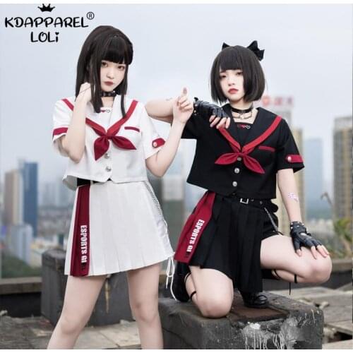 Summer Preppy Style JK Uniform Sailor Suit Short Sleeve Navy Collar Shirt Pleated Shorts Red Bow Black White Esports Girls Teens