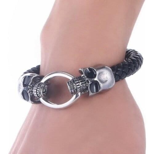 Domineering Punk Black Braided Leather Bracelet Stainless Steel Skull Magnetic Buckle Fashion Bracelet Mens Birthday Gift