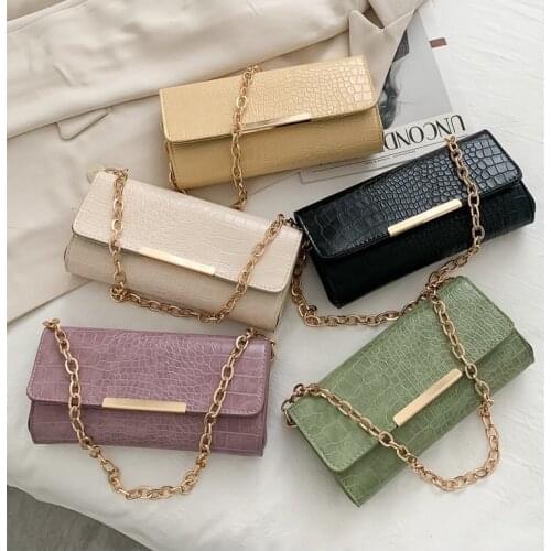 Women Retro Shoulder Bag, Classic Crocodile Pattern Handbag Faux Leather Clutch with Chain Strap