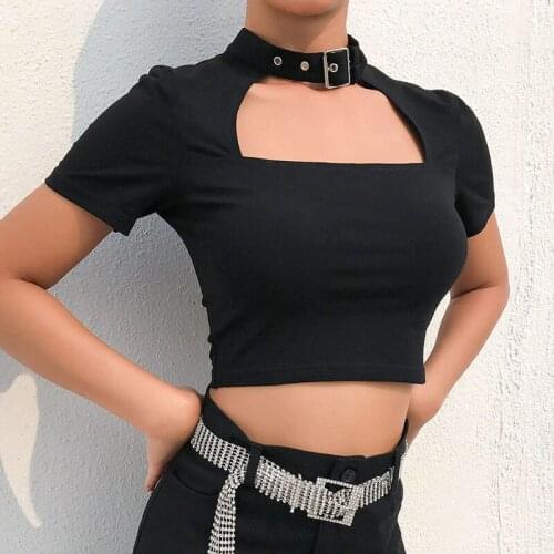 Summer Tops and Tees Short Sleeve Black T-shirt for Female Choker Collar Slim Crop Tops Hollow Out Women Short Shirts