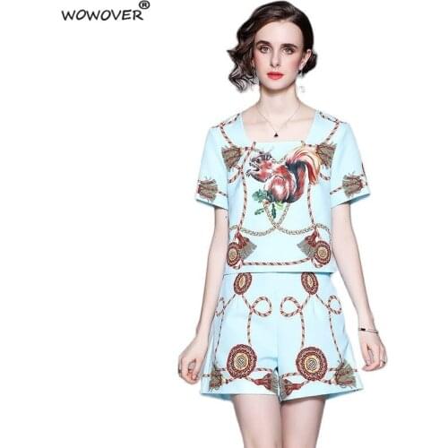 Womens Fashion Runway Two Piece Sets for Summer Elegant Lady Square Collar Print Top Suits with Shorts Casual Outfit Streetwear
