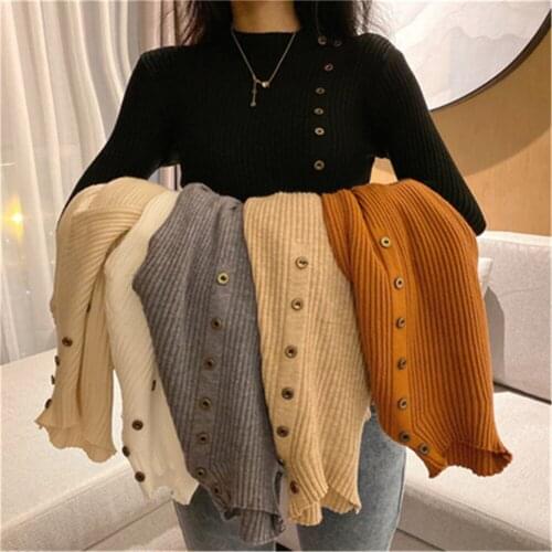 Woman autumn winter half high neck button elasticity knitted sweater bottoming shirt loose pullover full sleeve sweaters women