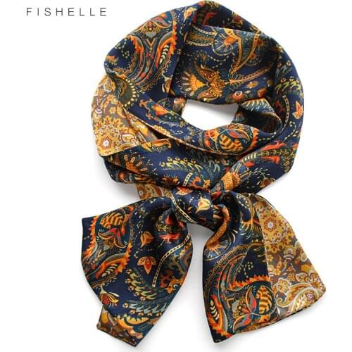 Retro navy blue cashew women two-sided narrow silk scarves natural silk neckerchief headband long neck scarf headband for lady