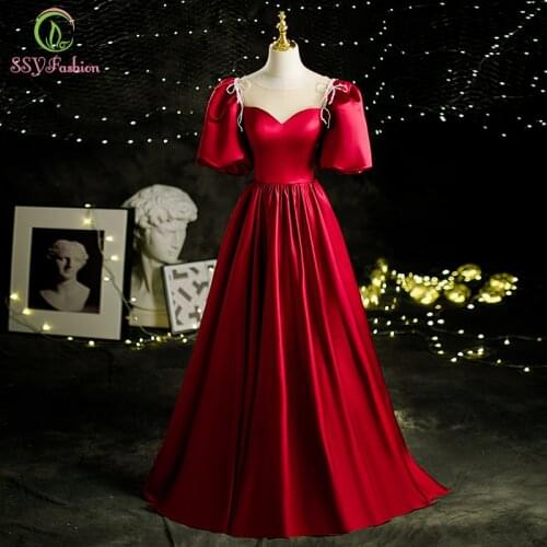 SSYFashion New Red Satin Evening Dress Princess Puff Sleeve Scoop A-line Floor-length Long Prom Formal Party Gowns for Women