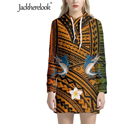 Jackherelook Plus Size Women Hoodies Dress Polynesian African Tribal Pacific Tuna Print Oversize Autumn Warm Sweatshirt Dresses