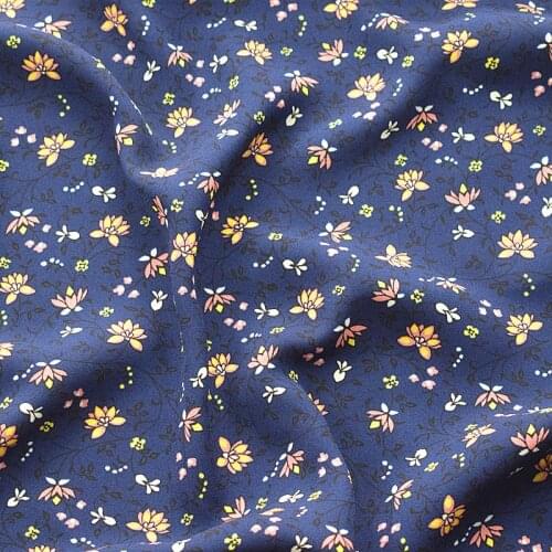 100*148cm Thick Messy Linen Chiffon Fabric Spring And Summer Printing Fabric Deep Blue Small Floral Handmade DIY Fabric