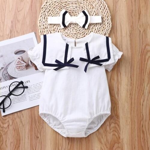 2021 Baby Girl Romper Baby Clothes Sweet 2 Pcs Sets Short Sleeve Bow Sailor Collar Baby Romper Summer Baby Girl Bodysuit 0-12M