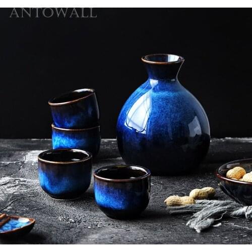 ANTOWALL Home sake set dim blue ceramic drinkware mini wine cup wine pot kiln glaze wine set