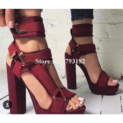 Women Fashion Style Open Toe Suede Leather Chunky Heel Sandals Ankle Wrap Metal Buckles Super High Heel Sandals Club Shoes