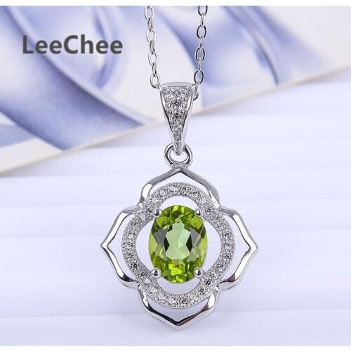 LeeChee 100% Natural Peridot pendant 6*8mm Green gemstone necklace for women Anniversary gift Real 925 Solid Sterling Silver