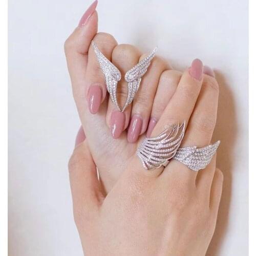HIBRIDE Trendy New Unique Design Angel Wing Shape Adjustable Size Women Rings Micro CZ Stone Pave Finger Ring Bihoux R-215