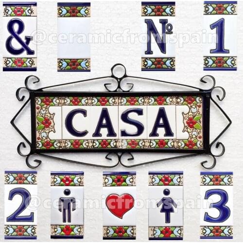 Ceramic letters and numbers- (2.95 in. X 1.4 in.) -Design "flower-1"-made in Spain-hand-painted ceramic tile
