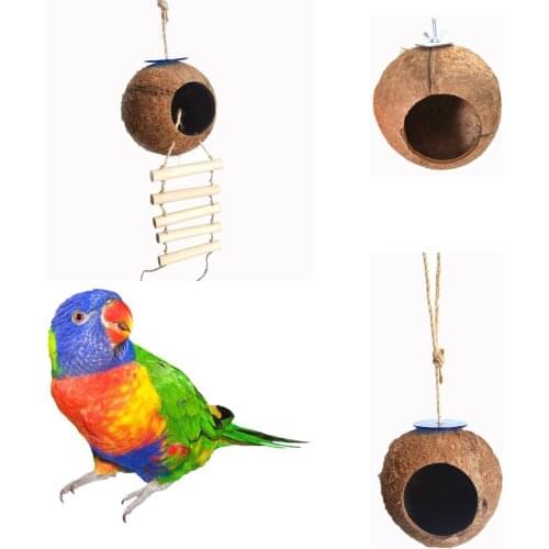 Coconut Shell Bird Nest Hamster Parrot Fruit House Hut with Climbing Ladder Birdcage Bird Perching Birdhouse Nut Shell Nest Cave