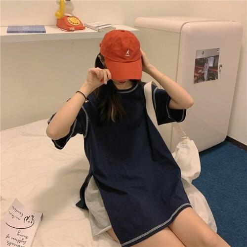 Summer Vintage Basic Cropped Solid Color Topstitch Decoration Split Womens Short-Sleeved t-Shirt Oversize Harajuku e Girl Top20