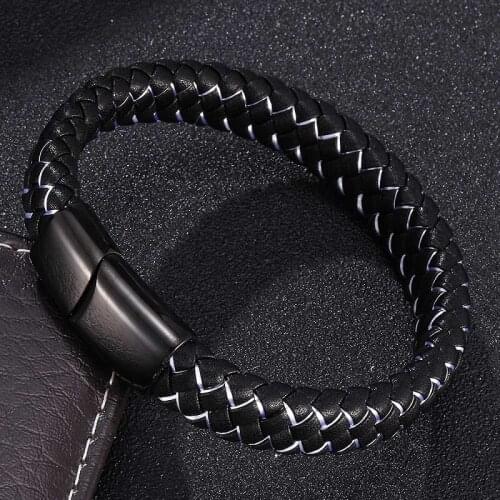 Punk Men Jewelry Black White Braided Leather Bracelet Men Stainless Steel Magnetic Clasp Fashion Bangles Male Wrist Band Gifts