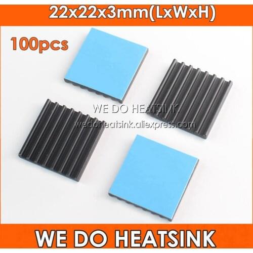 WE DO HEATSINK 100pcs 22x22x3mm Black Anodized Aluminum CPU Chip Heatsink With Thermal Conductive Adhesive Transfer Tape Applied