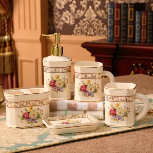 Ceramic Bathroom Accessories Set Soap Dispenser Toothbrush Holder & Cups WIth Tray Lavatory 5-6 Pieces Set Gift Box Wedding Gift