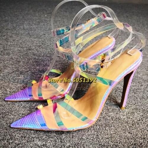 Newest Clear PVC Sandals Pointed Toe Cut Out Snake Skin Stiletto Shoes Stylish Woman Dress Party Concise Footwear Big SIZE