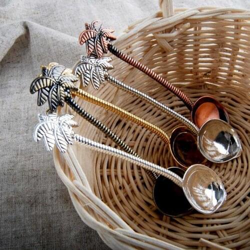 New 1 Pcs Vintage Royal Style Coconut Tree Tea Coffee Spoon Ice Cream Small Decoration Zine Alloy Gift For Bar Party