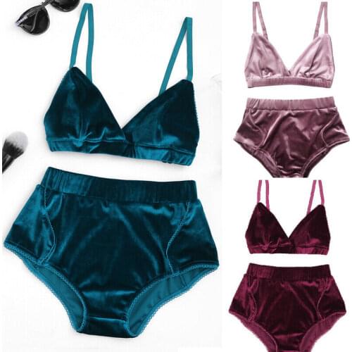 2020 New Womens 2 Piece Vintage Velvet Lingerie Set Strap Bra Underwear Suit Sleepwear tops+shorts