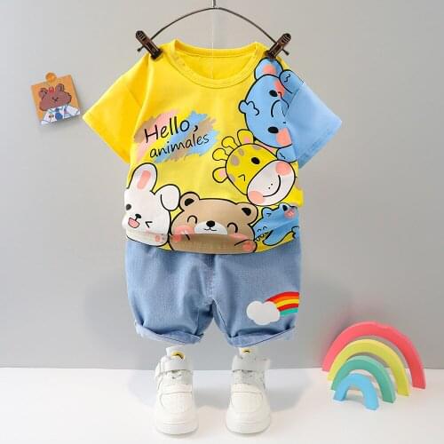 Baby Boys Girls Clothes Short Sleeved Cartoon Suit Baby Denim Suit Summer 1-4 Years Old Kids Casual Outfits Children Tracksuit
