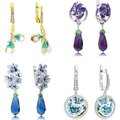 OGULEE Fashion 925 Sterling Silver Maroon Diy Enamel Green Lucky Flowers Spiral Dangle Earrings For women Wedding Party Jewelry