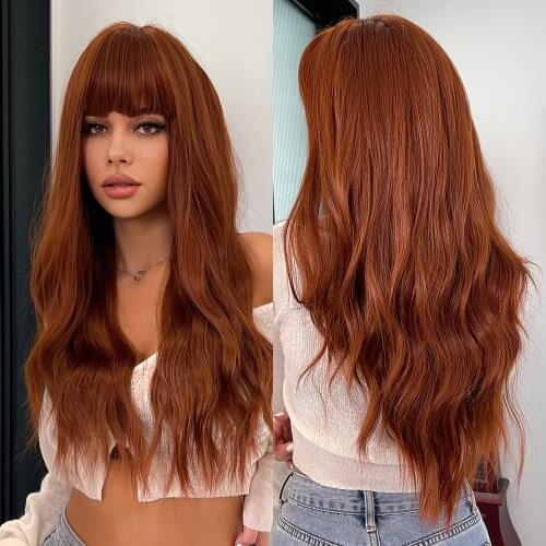 Element Long Wavy Synthetic Wig with Bangs Brown Red Wine Body Curly Hair Wigs for Women Daily Party Cosplay Heat Resistant
