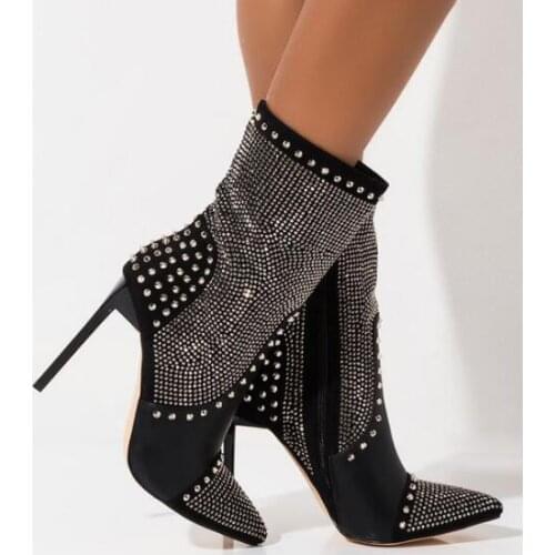 Drop Shipping New Crystal Rivets Woman Ankle Boots Sexy Black Leather Patchwork Bling Rhinestone High Heels Short Boots Shoes