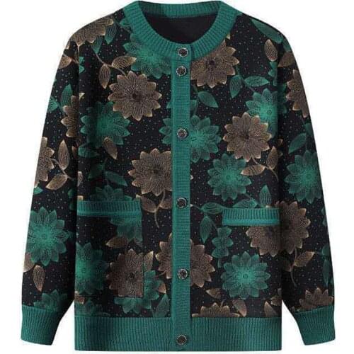 Middle-aged Spring Autumn Womens Sweater Cardigan Mother Casual Elasticity printing Sweater Grandmas Clothes Female Plus Size