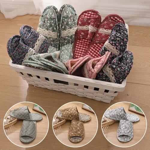 Women Indoor Slippers Soft Cotton Vintage Floral Couple Floor Shoes Toe Sole Slippers Non-slip Home Bedroom Slippers