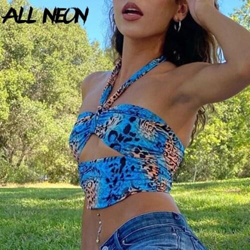ALLNeon Y2K Fashion Camouflage Hollow Out Bandage Cropped Tops Punk Style Halter Backless Tank Tops Vintage Rave E-girl Outfits