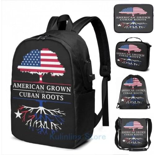 Funny Graphic print American Grown with Cuban Roots Cuba Design USB Charge Backpack men School bags Women bag Travel laptop bag