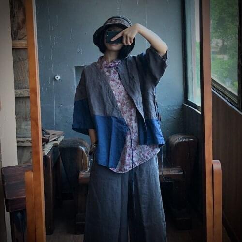 Women Autumn Linen Patchwork Jackets Ladies Loose Flax V Neck Short Coat Outerwear Female 2020 Spliced Coat