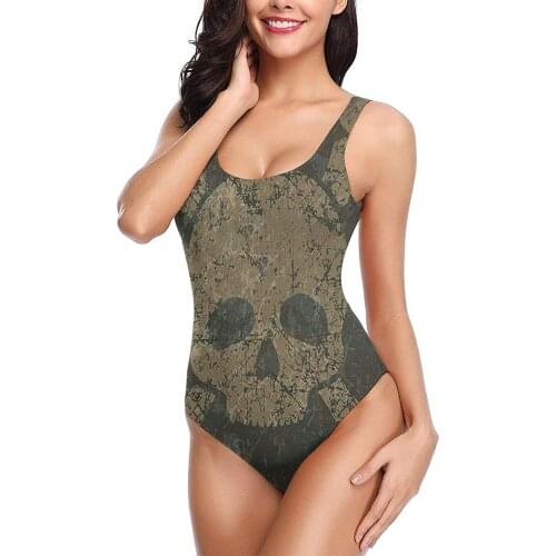 Womens One-Piece Bathing Suits Sexy Padded Sporty Swimsuits Teen Girls Military Background With Skull And Crossbones