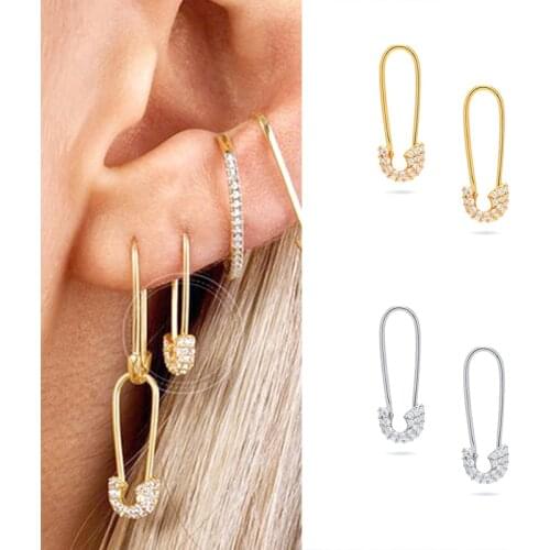 925 Silver Ear Buckle Pave Zircon Safety Pin Hoop Earrings For Women Paperclip Sparking Bling Crystal CZ Huggie Earring Jewelry