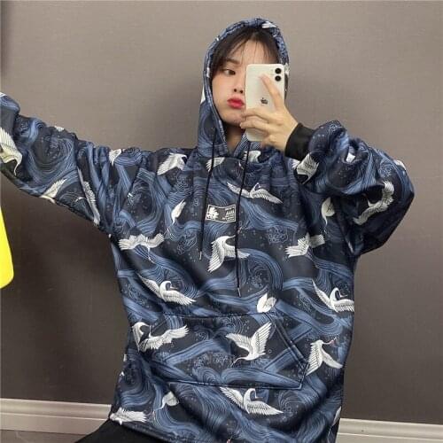 Hooded Hoodies for Women Japanese Ukiyo-e Crane Print Clothing Kimono Streetwear Casual Spring Tops Sweatshirt Long Sleeve