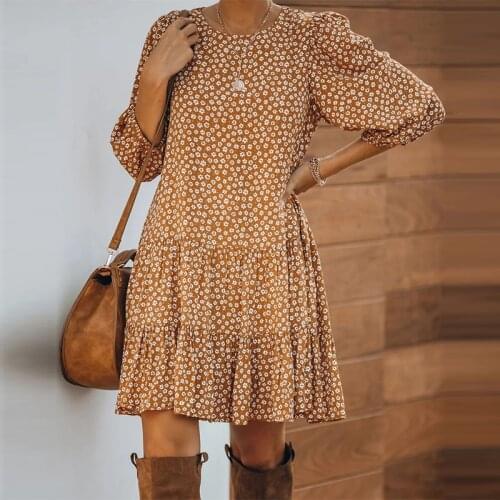 2021 New Spring Floral Print Pleated Dress Casual Long Sleeve A Line Female Autumn Loose Ruffle Hem Midi Party Home Vestidos