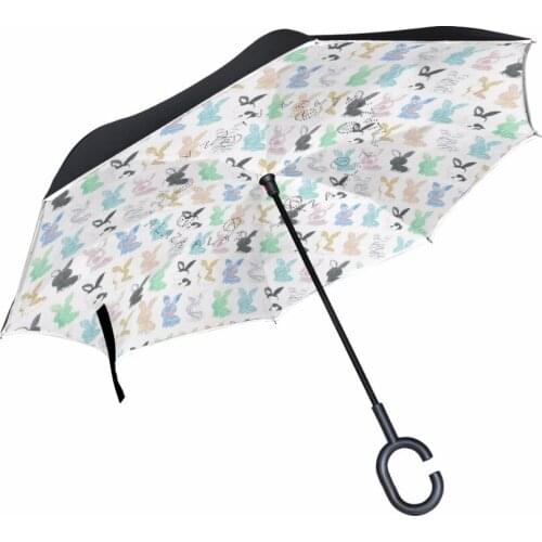 2-3Person C-Hook Self-defense Reflective Neon Car Umbrella Windproof Rabbit Reverse Umbrella Double Layer Inverted Stand Parasol