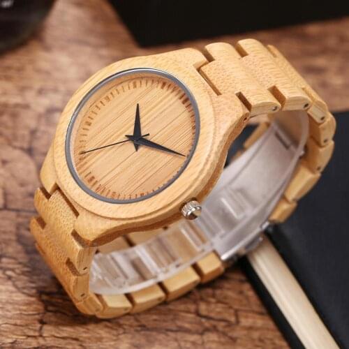 50% Hot Sales Fashion Men Round Dial Bamboo Band No Number Analog Quartz Wrist Watch Gift