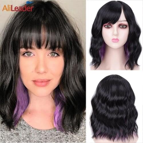 Alileader Cheap Wig Female Short Wavy Wig Pixie Cut Short Cosplay Wigs For Women Natural Black Synthetic Short Wig With Bangs