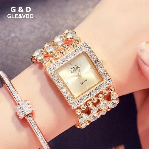 G&D GLE&VDO 2018 Female Clock Luxury Crystal Wedding Bracelet Watch Square Case Women Wristwatch Quartz relogio feminino