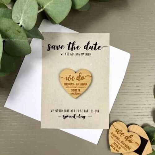 Personalize names date engraved Wooden Card save the date Wedding invitations Magnets, Invitation Card Rustic Heart Summer