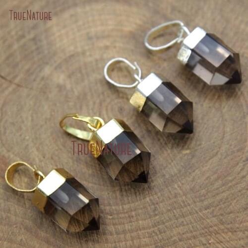 Faceted Smoky Quartzs Jewelry Accessory Small Charm Top Grade Gold Copper Cap Pencil Point Pendant In 15*7 mm PM9788