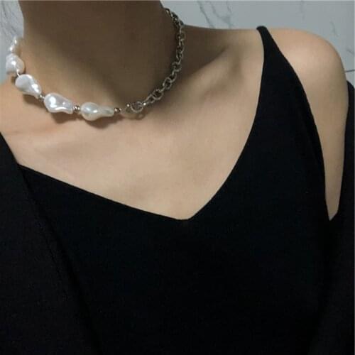 Hip Hop Natural Freshwater Baroque Irregular Pearls Choker Chain Stainless Steel Chain Necklace for Women Girl Jewelry
