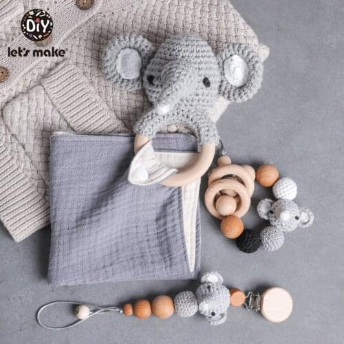 Lets Make 1Set Cotton Baby Bibs Elephant Rattle Teether Rodent Pacifier Chain Clips Bracelet Crochet Beads For Children Product
