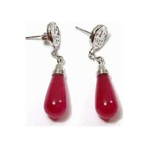 Beautiful Red jade Drop Fortune Silver Earrings
