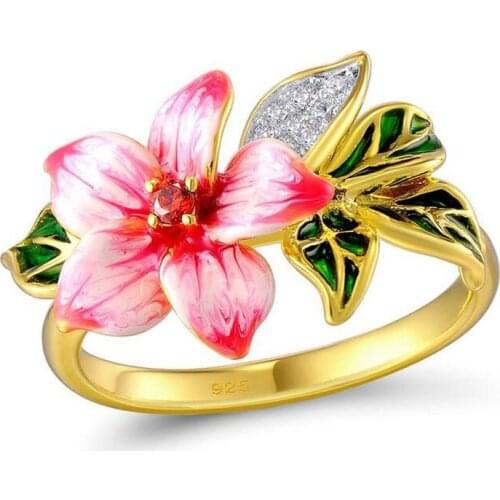 New Fashion Yellow Gold Color Zircon Stone Rings for Women Pink Enamel Hyperbole Flower Party Engagement Rings Jewelry Gift
